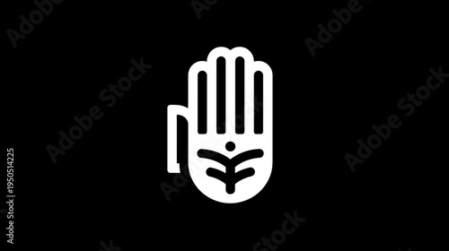 Stylized hand with growth symbol icon on black background. Minimalist palm design representing nature, wellness, care, and organic concepts.