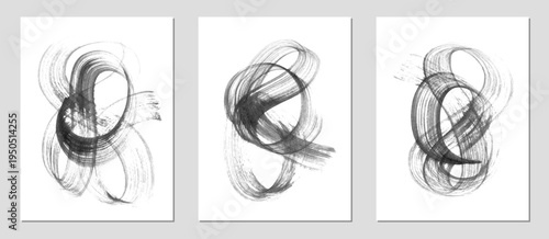 Set of vector abstract backgrounds. Black ink brush strokes, patterns, posters, cover.	