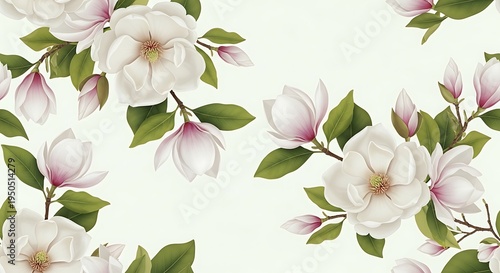 Seamless pattern featuring elegant white magnolia flowers with soft pink accents and green leaves
