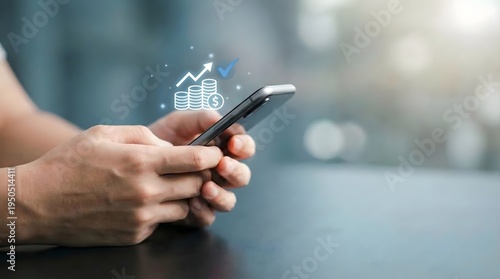 Person holding smartphone with rising graph and chart over coins icons in modern blurry background for business finance
