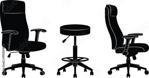 Silhouette of office chairs and revolving stool furniture set cad drawing flat vector illustration for architectural visualization and interior design projects.