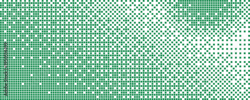 Green bitmap pixel background with gradient pattern effect and 8bit art. Glitch video game design for retro arcade or digital wallpaper. Neon disintegration effect with geometric particle dispersion.