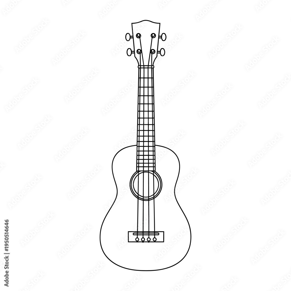 Naklejka premium Simple black and white ukulele illustration with four strings and clean design on white background perfect for music concepts