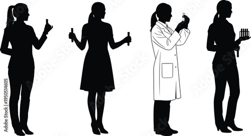 Female scientist silhouette collection, lab assistant holding test tubes, research woman cad drawing flat vector illustration, chemical laboratory professional stock flavector.