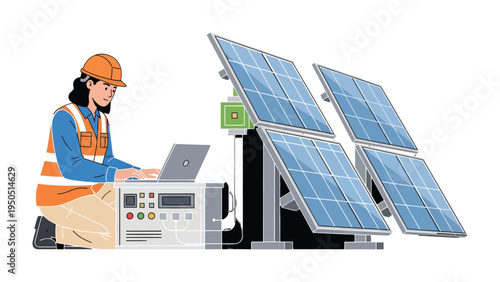 Solar Panel Technician at Work: An engineering professional meticulously inspects and maintains a set of solar panels. Surrounded by solar technology.