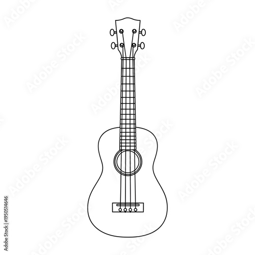 Simple black and white ukulele illustration with four strings and clean design on white background perfect for music concepts