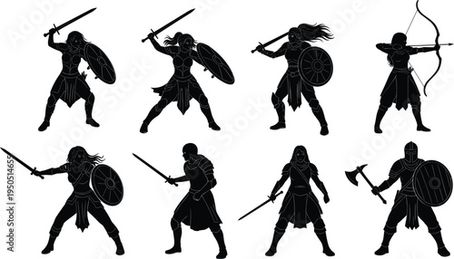 Warrior silhouette vector illustration set, black battle stances, sword shield bow axe poses, medieval fighters, fantasy combat characters, ancient warrior design artwork