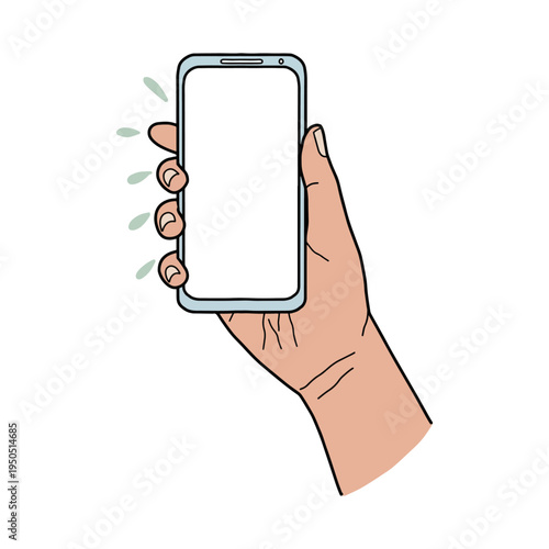 Cartoon vector illustration of hand holding blank smartphone with ringing or notification effects