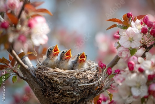 Group of hungry baby birds with open beaks in a nest beneath blooming spring branches