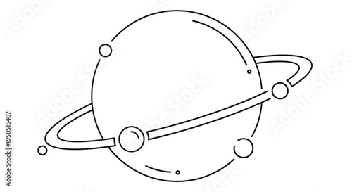 Simple line drawing of a planet with rings and orbiting moons