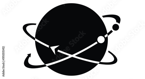 Black and white illustration of a planet with orbiting elements and paths