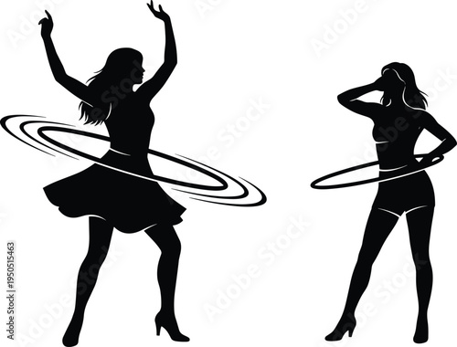 Silhouette of two young women dancing and exercising with hula hoops for fitness, health, fun activity, and retro disco entertainment