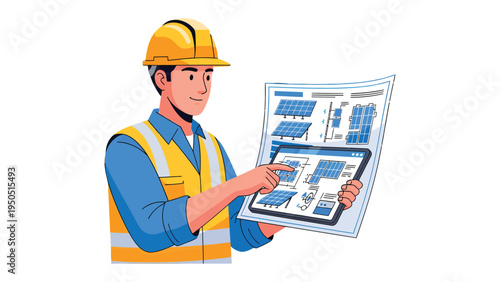 Engineer's Blueprint: An engineer in a yellow safety hat and vest examines a detailed blueprint on a tablet, showcasing the design of a solar panel installation.