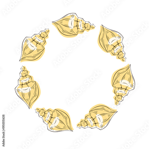 Conch undersea seashell wreath in flat style. Summer sea print for vacation, beach, marine life, aquatic animal theme isolated on a white background.