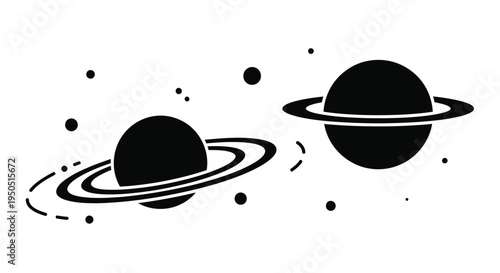 Black and white illustration of two planets with rings and scattered stars