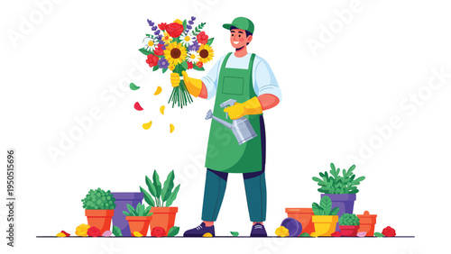 Florist in Bloom: A skilled florist meticulously tends to a vibrant bouquet, showcasing an array of fresh flowers, as potted plants and gardening tools create a colorful and inviting atmosphere.