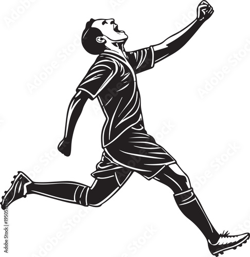 Black silhouette vector male soccer player celebrating goal, minimalist modern flat design, isolated transparent background, smooth curves, polished edges, professional stock illustration