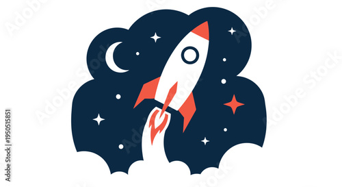 A stylized rocket ship launches through dark clouds into a starry night scene