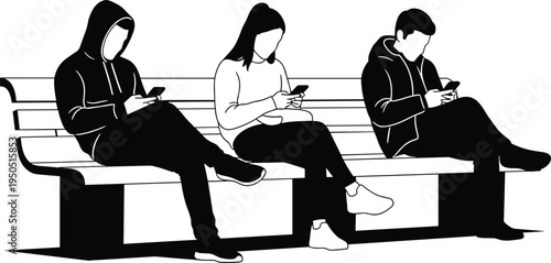 Silhouettes of young people sitting on bench using smartphones cad drawing flat vector illustration of friends addicted to mobile technology.