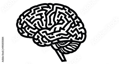 A human brain shaped like a complex maze rendered in black and white