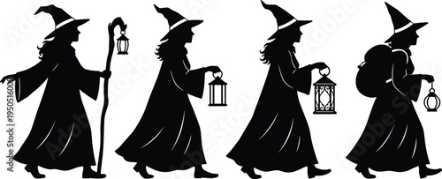 Witch silhouette set with lantern and staff walking in forest cad drawing flat vector illustration for halloween mystery design.