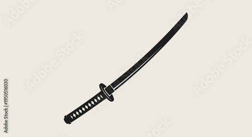 Black Katana Sword Silhouette on Beige Background, Japanese Samurai Weapon