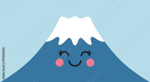 Cute Cartoon Fuji Mountain with Smiling Face and Snow Cap, Kawaii Style