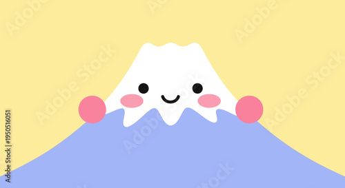 Cute Kawaii Fuji Mountain Character Smiling with Pink Cheeks and Yellow Background