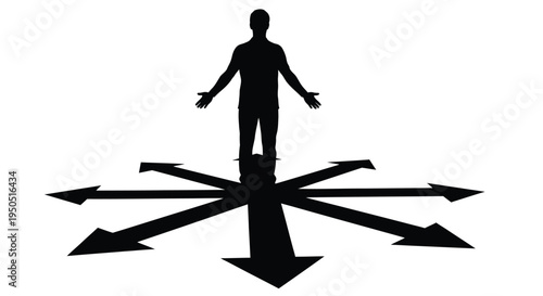 Silhouette of a man standing at a crossroads with multiple directional arrows