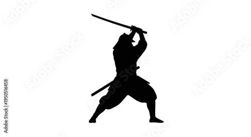Silhouette of a Samurai warrior in action, sword raised, ready to strike, black on white background