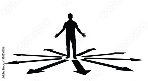 Silhouette of a man standing amidst multiple arrows pointing in different directions