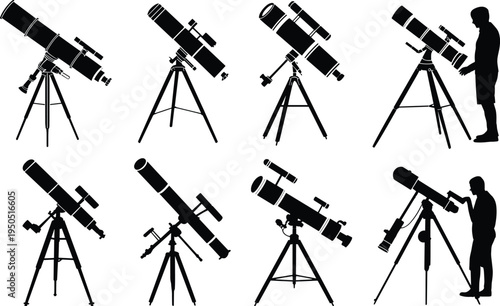 Astronomy telescope silhouettes set on tripod with observer scientist, space observation equipment collection for stargazing research and astrophotography concept