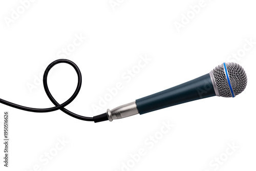 Studio microphone with black cord on transparent background, ideal for music, podcasting, broadcasting, and audio production concepts.