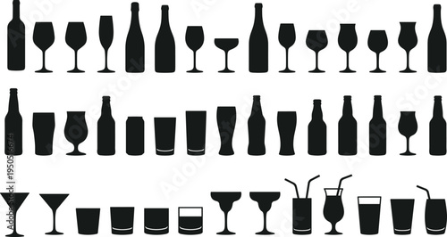 Alcohol Bottles and Glasses Silhouette Set, Wine Beer Cocktail Drinkware Collection, Bar Beverage Icons Vector Illustration for Restaurant Menu Design