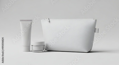 Cosmetic bag with cream tube and jar, beauty product mockup, makeup bag, personal care.