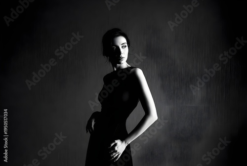 Dramatic Black Dress Portrait: Elegant Woman in Low-Key Studio Lighting