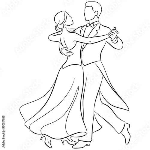 Elegant couple dancing ballroom dance in formal attire black and white illustration romantic evening atmosphere with flowing dress