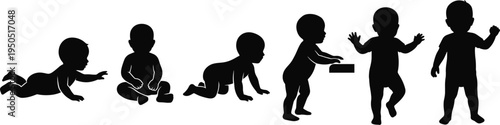 Baby Growth Stages Silhouette Set Showing Crawling Sitting Standing Walking Development Milestones, Infant Learning Progress, Child Development Timeline Illustration