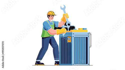 Engineer at Work: An engineer, clad in protective gear, meticulously works on a complex machine with tools in hand, symbolizing the precision and expertise required in the field.