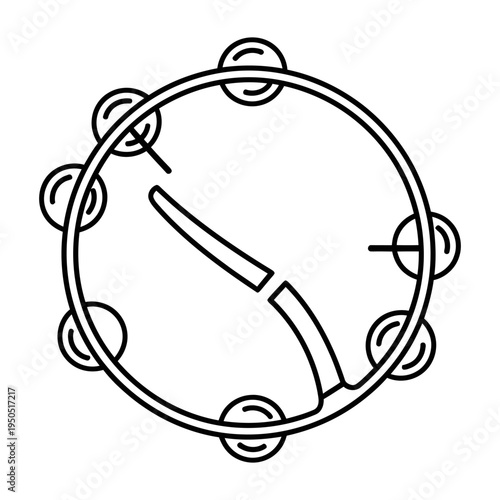Simple black and white line drawing of a tambourine with metal rings and drumstick on white background percussion instrument illustration