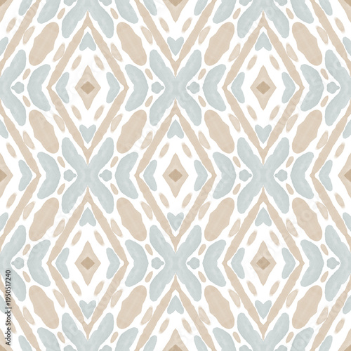 Soft Sage and Beige Watercolor Ikat Seamless Pattern with Symmetrical Ornamental Motifs