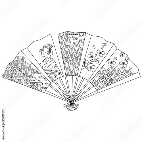Elegant hand fan with intricate traditional japanese design featuring woman in kimono floral patterns and waves black and white illustration