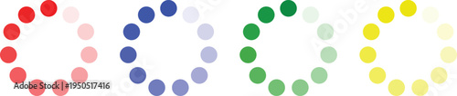 Colorful loading spinner icon set in circular dot style. Minimal progress indicator collection for UI, app, and web interface design. Abstract rotation symbol representing buffering, waiting, and syst