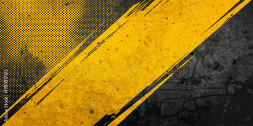 A grunge industrial background features a pattern of dirty black and yellow hazard warning stripes on an old metal construction sign or asphalt road texture symbolizing caution and danger