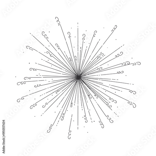 Black and white abstract fireworks illustration with radial lines and question marks on white background symbolizing creativity and inquiry