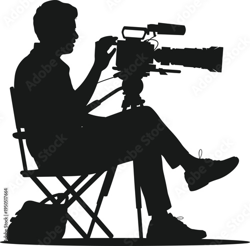 Silhouette of professional filmmaker sitting in director's chair, operating video camera on tripod, film production behind the scenes, videographer at work.