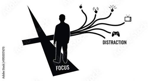 A person walks a path with distractions from technology pulling them away