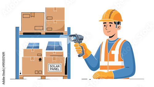 Solar Panel Inventory: An industry worker meticulously scans a barcode on a cardboard box in a warehouse setting, ensuring precise tracking and management of solar panels and associated equipment.