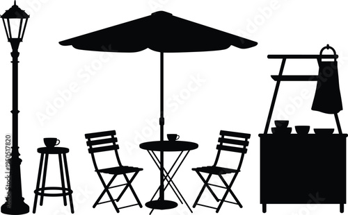 Black silhouette of outdoor cafe setup with umbrella table, chairs, coffee cups, street lamp and serving cart on white background, coffee shop scene.
