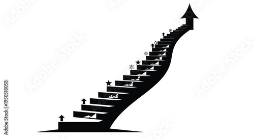 A curved staircase ascends upwards featuring small figures and scattered stars